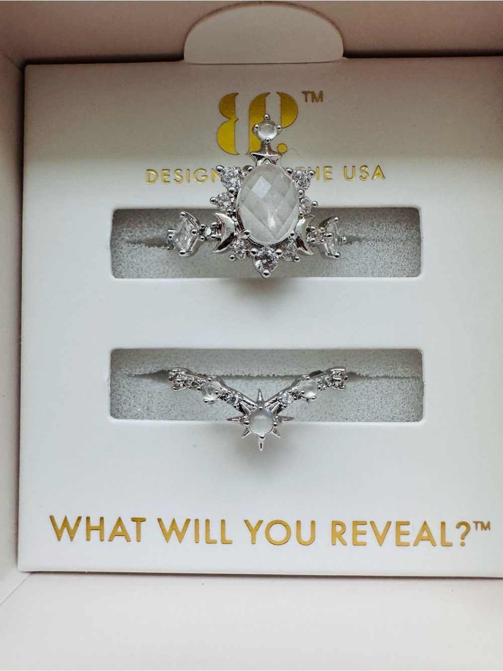 Bomb Party Halo Silver Moonstone Two-Piece Ring Set Size 7